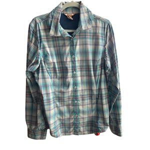 Duluth Trading Co women's size L blue aqua plaid zip pockets nylon button top